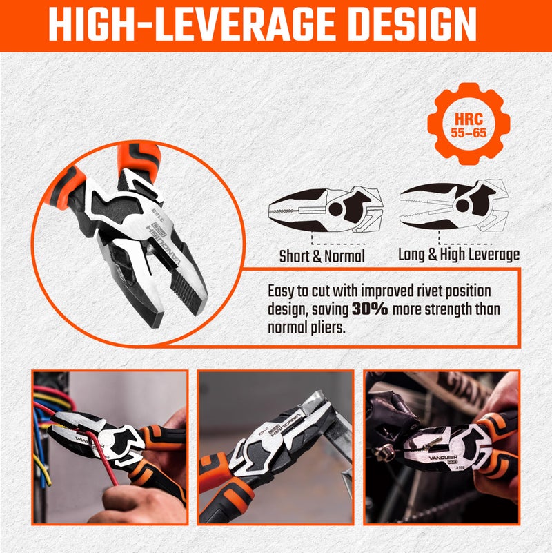 Vanquish 8 Inch Linemans Pliers High-Leverage Linesman Pliers with Side Cutting Design (3163) - Image 2